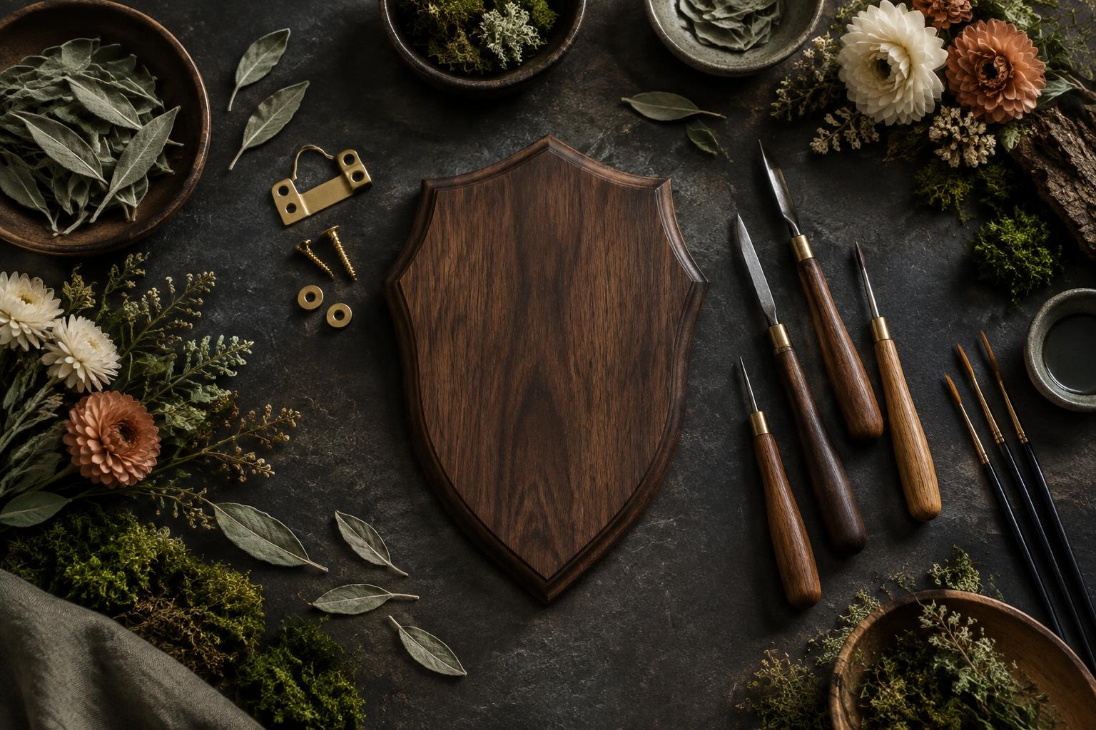 Walnut plaque, dried florals, greenery, and artisan mounting tools